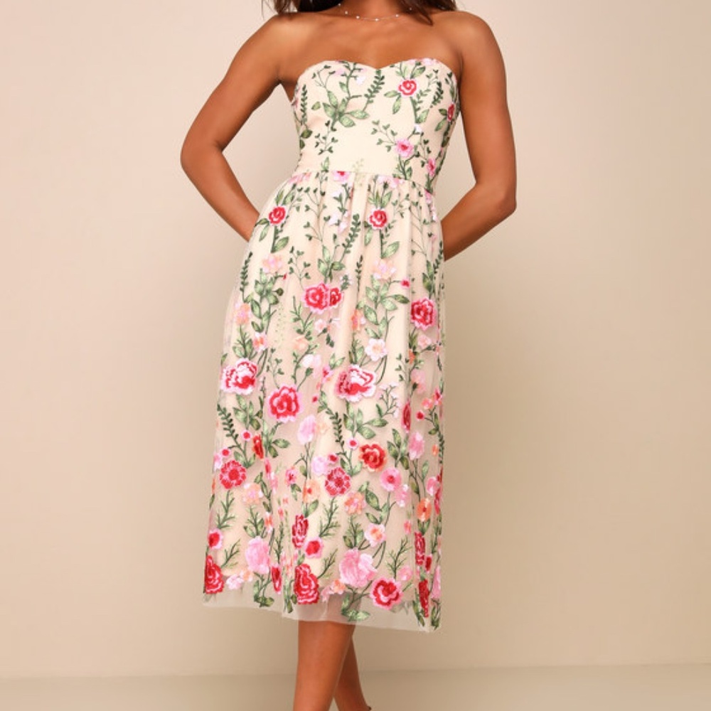 NWT Lulus Endless Praise Beige Floral Embroidered Strapless Midi Dress - Size XL